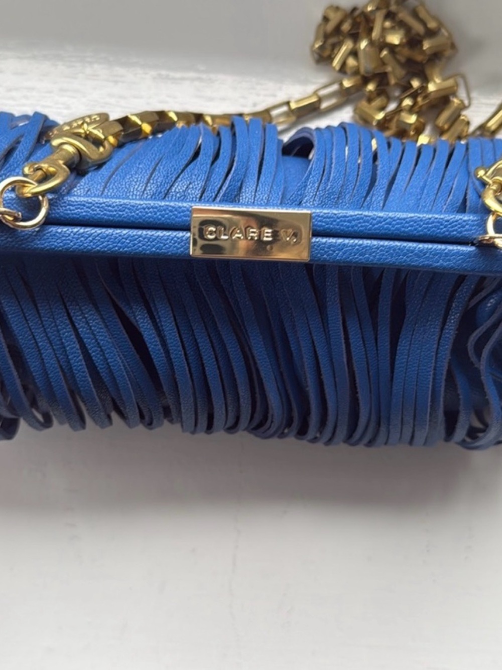 Clare V Fran Fran Blue Leather Clutch with Crossbody Chain Strap - Picture 3 of 4